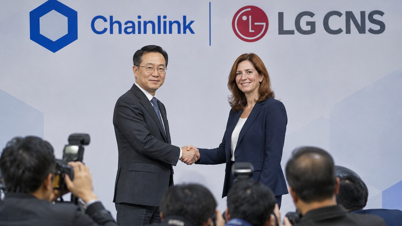 Ondertekening van de samenwerking tussen Chainlink en LG CNS op een podium in Seoul, met de logo's van beide bedrijven op de achtergrond