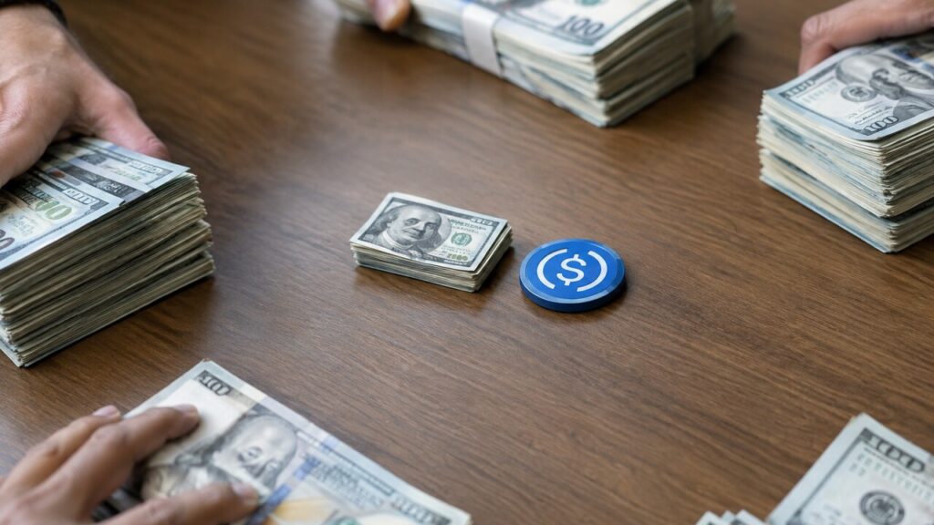 Grote stapel dollarbiljetten wordt verdeeld en weggeschoven, met een klein stapeltje en een USDC-munt in het midden