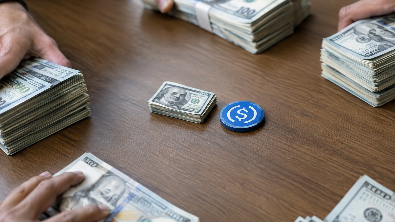 Grote stapel dollarbiljetten wordt verdeeld en weggeschoven, met een klein stapeltje en een USDC-munt in het midden