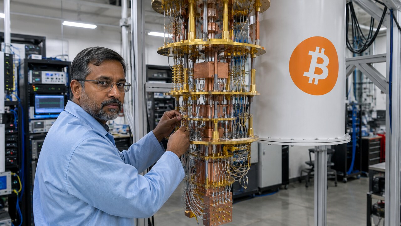 Quantumcomputer in een laboratorium met een groot oranje Bitcoin-logo op de koelbehuizing en een technicus die kabels afstelt