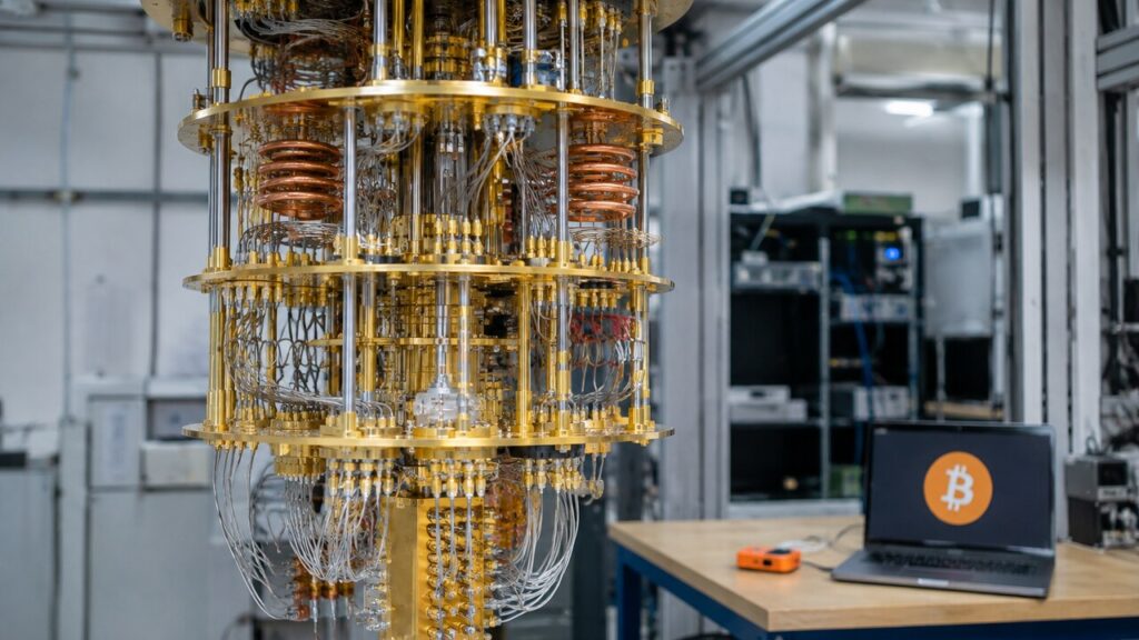 Gouden koelsysteem van een quantumcomputer in een onderzoekslab, met op de achtergrond een laptop met het Bitcoin-logo