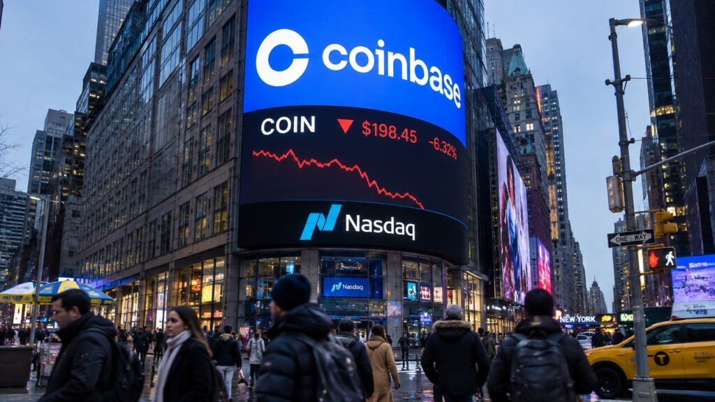 Groot scherm op de Nasdaq-gevel in New York toont het Coinbase-logo met een dalende rode koerslijn boven voorbijgangers