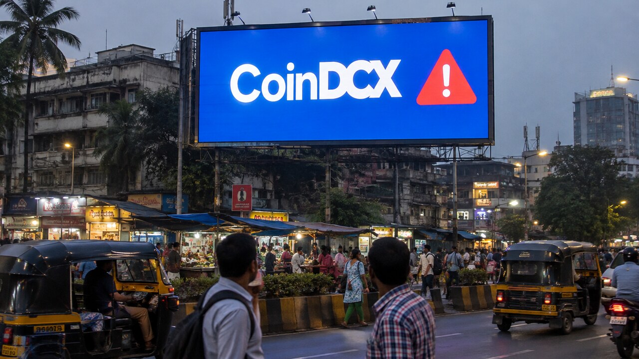 Groot reclamebord met het CoinDCX-logo en een rode waarschuwing boven een drukke straat in Mumbai in de schemering