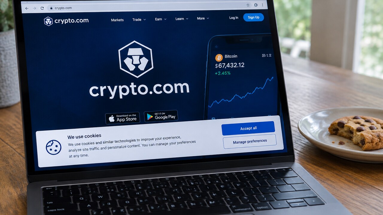 Laptop op een keukentafel met de Crypto.com-website en een cookiemelding in beeld, naast een koekje op een bordje