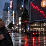 Man met paraplu staat 's nachts in de regen stil voor een groot straatscherm met een Bitcoin-symbool en een steil dalende rode koerslijn