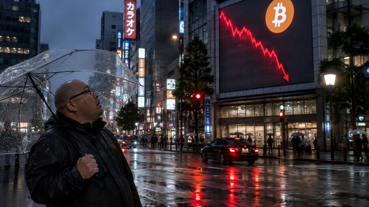 Man met paraplu staat 's nachts in de regen stil voor een groot straatscherm met een Bitcoin-symbool en een steil dalende rode koerslijn