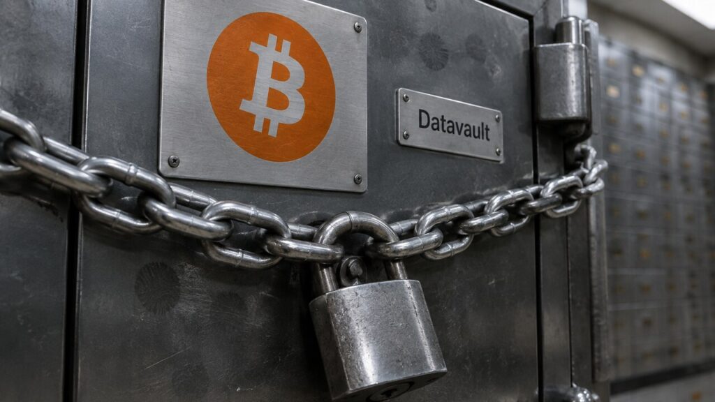Afgesloten kluisdeur met ketting en hangslot en een groot oranje Bitcoin-symbool, als beeld voor bitcoin die Datavault AI niet kan opnemen