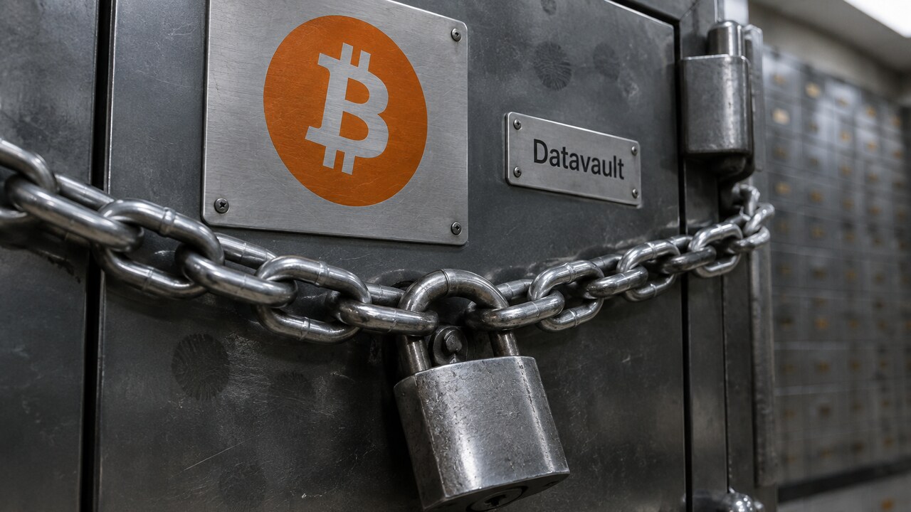 Afgesloten kluisdeur met ketting en hangslot en een groot oranje Bitcoin-symbool, als beeld voor bitcoin die Datavault AI niet kan opnemen