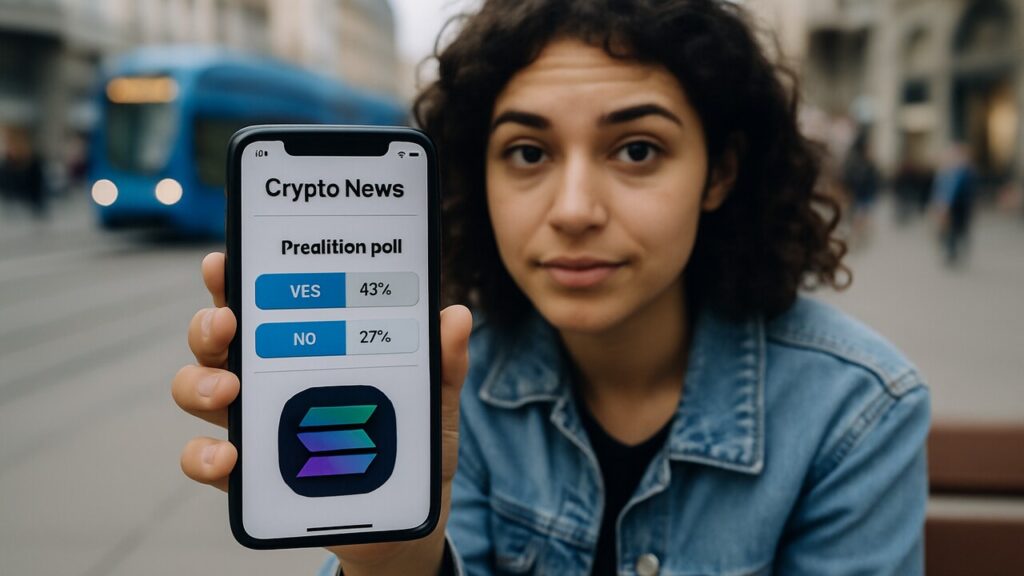Jonge vrouw op een bankje toont een smartphone met een nieuwsartikel en een ingebouwde voorspellingspoll met het Solana-logo