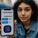 Jonge vrouw op een bankje toont een smartphone met een nieuwsartikel en een ingebouwde voorspellingspoll met het Solana-logo