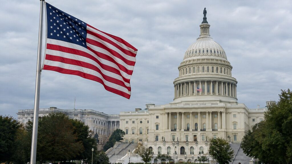 Het Capitool in Washington met op de voorgrond een wapperende Amerikaanse vlag