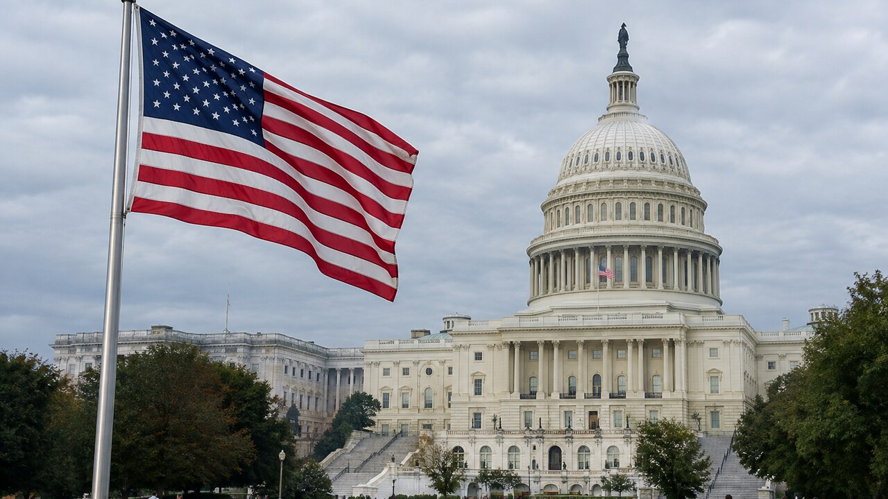 Het Capitool in Washington met op de voorgrond een wapperende Amerikaanse vlag