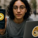 Ontwikkelaar op een terras met een smartphone met het Dogecoin-logo en code van een smart contract op het scherm