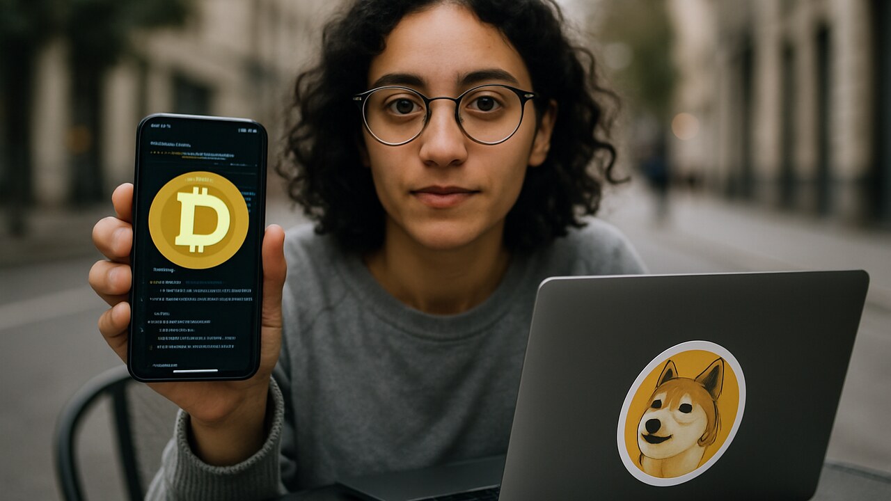 Ontwikkelaar op een terras met een smartphone met het Dogecoin-logo en code van een smart contract op het scherm