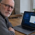 Oudere man kijkt bezorgd op van zijn laptop met de Electrum-wallet en een bevestigingsvenster voor een transactie aan de keukentafel