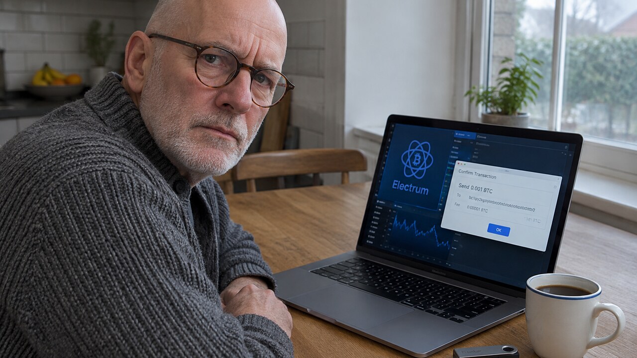 Oudere man kijkt bezorgd op van zijn laptop met de Electrum-wallet en een bevestigingsvenster voor een transactie aan de keukentafel