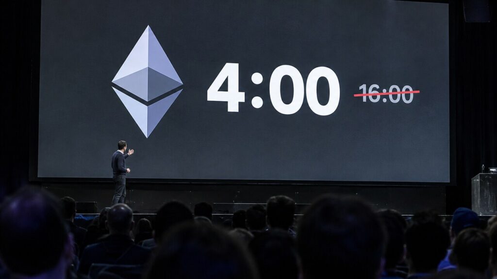 Presentator op een podium bij een groot scherm met het Ethereum-logo en een timer die 4 minuten aangeeft