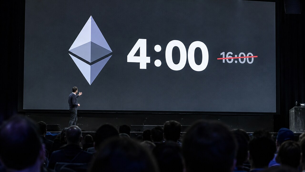 Presentator op een podium bij een groot scherm met het Ethereum-logo en een timer die 4 minuten aangeeft