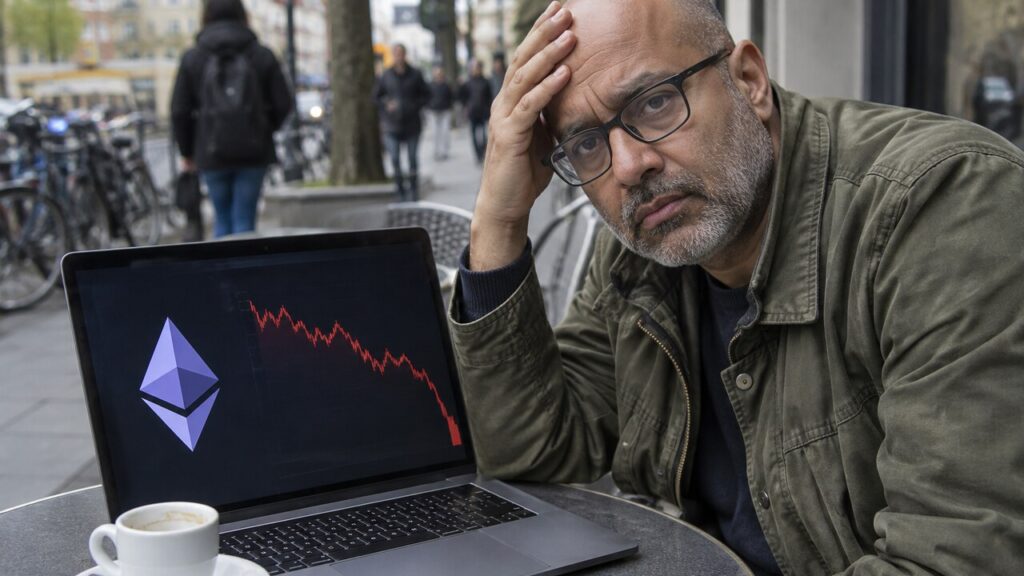 Kale man met grijze baard zit op een terras achter een laptop met het Ethereum-logo en een scherp dalende rode koersgrafiek