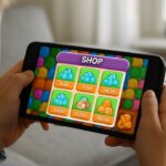 Kind houdt een smartphone vast met een winkel vol virtuele gamemunten, met op de achtergrond een EU-vlaggetje