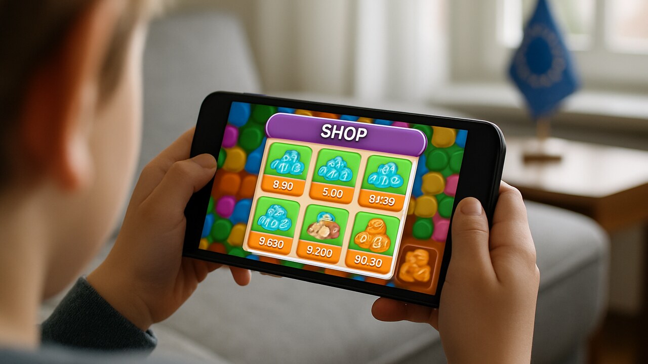 Kind houdt een smartphone vast met een winkel vol virtuele gamemunten, met op de achtergrond een EU-vlaggetje