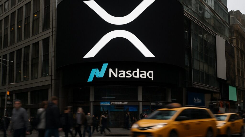 Het Nasdaq-gebouw op Times Square met een groot XRP-logo op de gevel