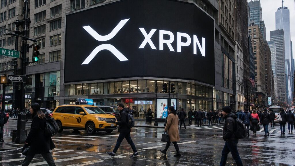 Groot reclamescherm op een straathoek in Manhattan met het XRP-logo en de letters XRPN, met voetgangers op straat