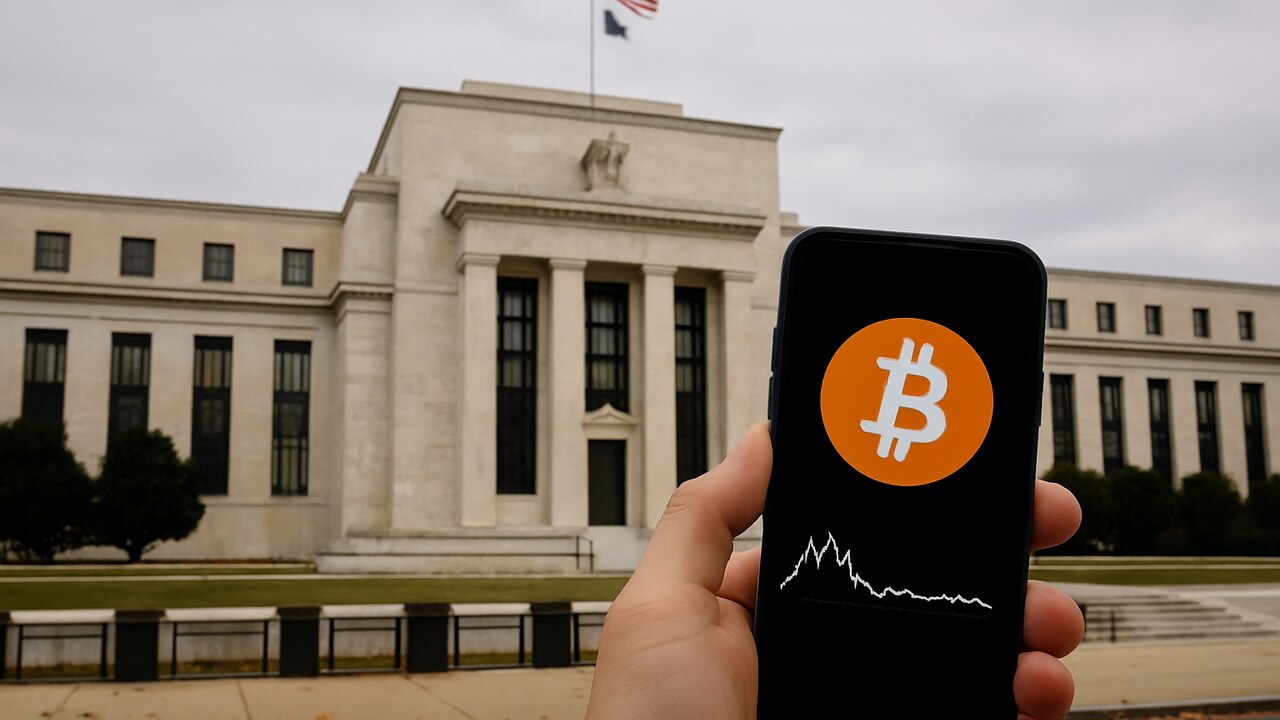 Hand met smartphone met een Bitcoin-koersgrafiek voor het gebouw van de Federal Reserve in Washington