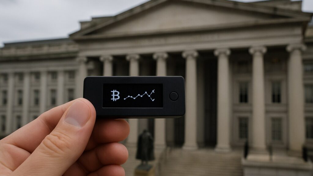 Hand houdt een hardware wallet omhoog voor het gebouw van het Amerikaanse ministerie van Financiën in Washington