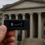 Hand houdt een hardware wallet omhoog voor het gebouw van het Amerikaanse ministerie van Financiën in Washington