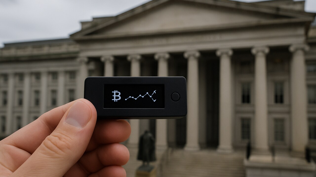 Hand houdt een hardware wallet omhoog voor het gebouw van het Amerikaanse ministerie van Financiën in Washington