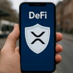 Hand met smartphone op straat, met een DeFi-app met schildicoon en het XRP-logo op het scherm