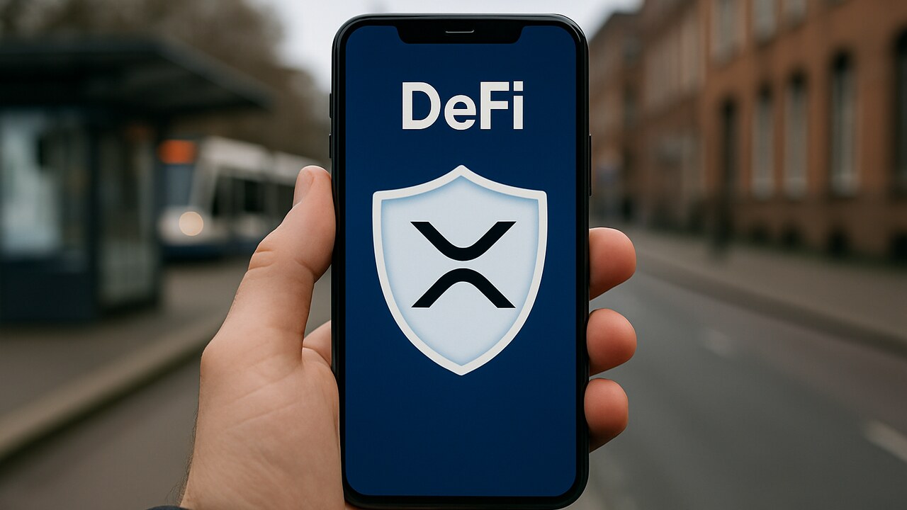 Hand met smartphone op straat, met een DeFi-app met schildicoon en het XRP-logo op het scherm
