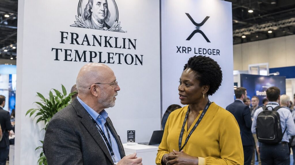 Beursstand van Franklin Templeton met een XRP Ledger-banner op een fintechconferentie, met twee bezoekers in gesprek op de voorgrond