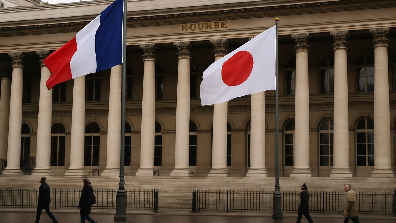 Franse en Japanse vlag wapperen voor het beursgebouw Palais Brongniart in Parijs op een bewolkte herfstdag