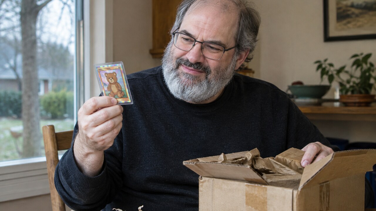 David Schwartz pakt aan een keukentafel een anoniem pakket uit en houdt een glimmende verzamelkaart met een teddybeer omhoog