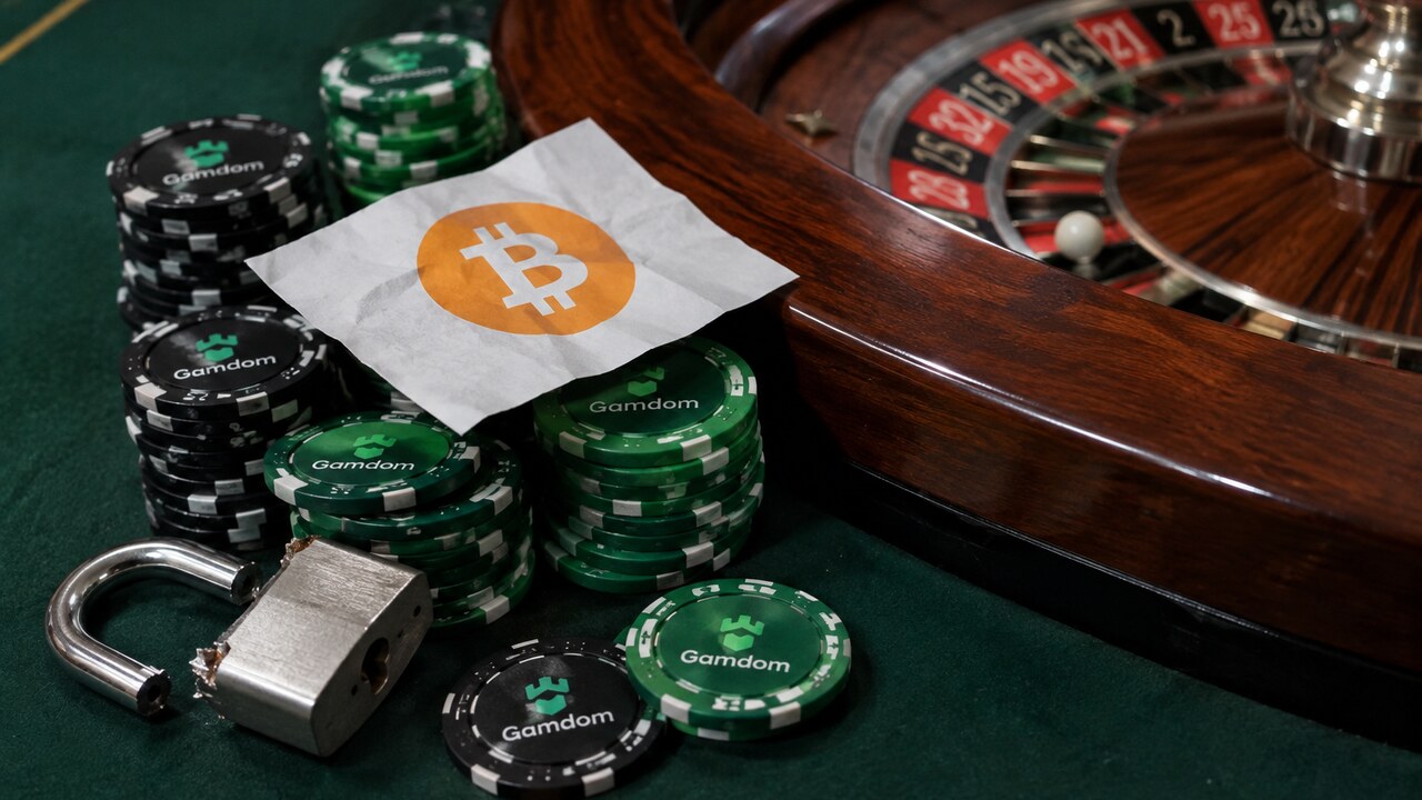 Roulettetafel met Gamdom-fiches, een opengeknipt hangslot en een losgeldbriefje met het Bitcoin-symbool