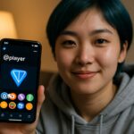 Jonge vrouw toont op haar smartphone een gamersprofiel met gebruikersnaam, prestatiebadges en het TON-logo