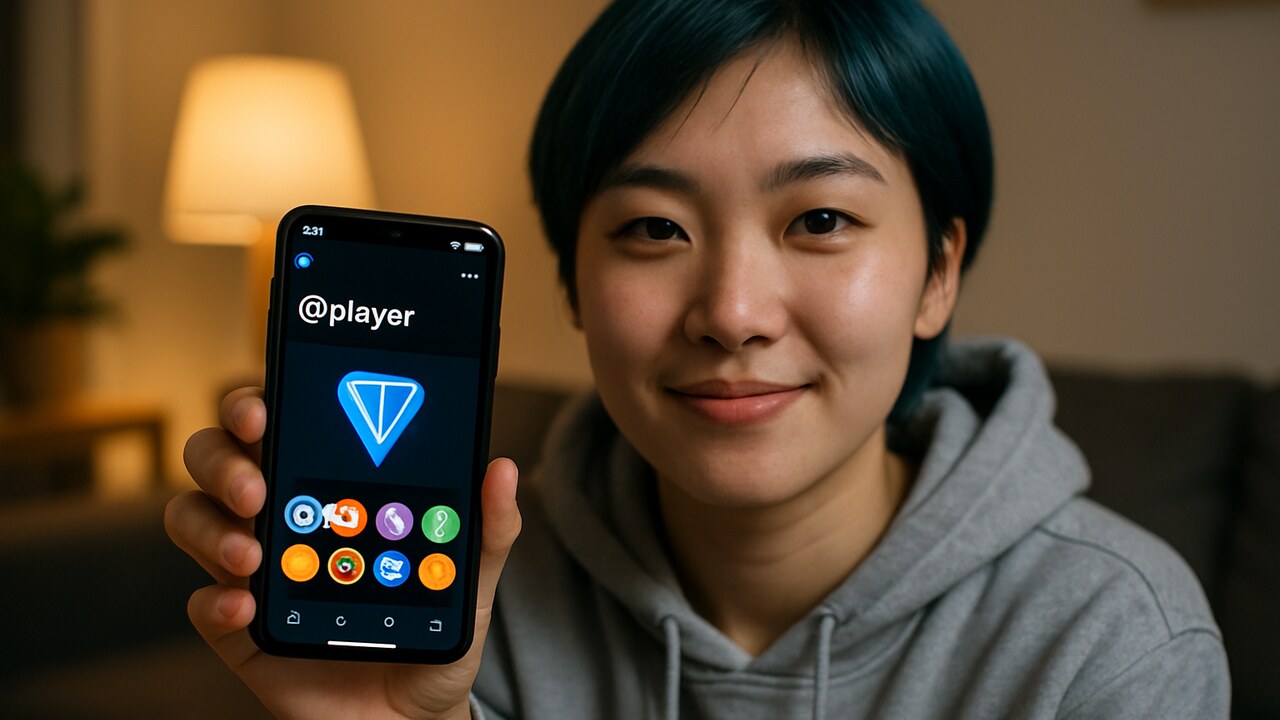 Jonge vrouw toont op haar smartphone een gamersprofiel met gebruikersnaam, prestatiebadges en het TON-logo