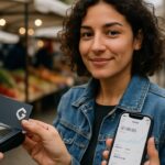 Vrouw betaalt op een markt met een betaalkaart met Gate-logo terwijl ze een geldapp op haar telefoon vasthoudt