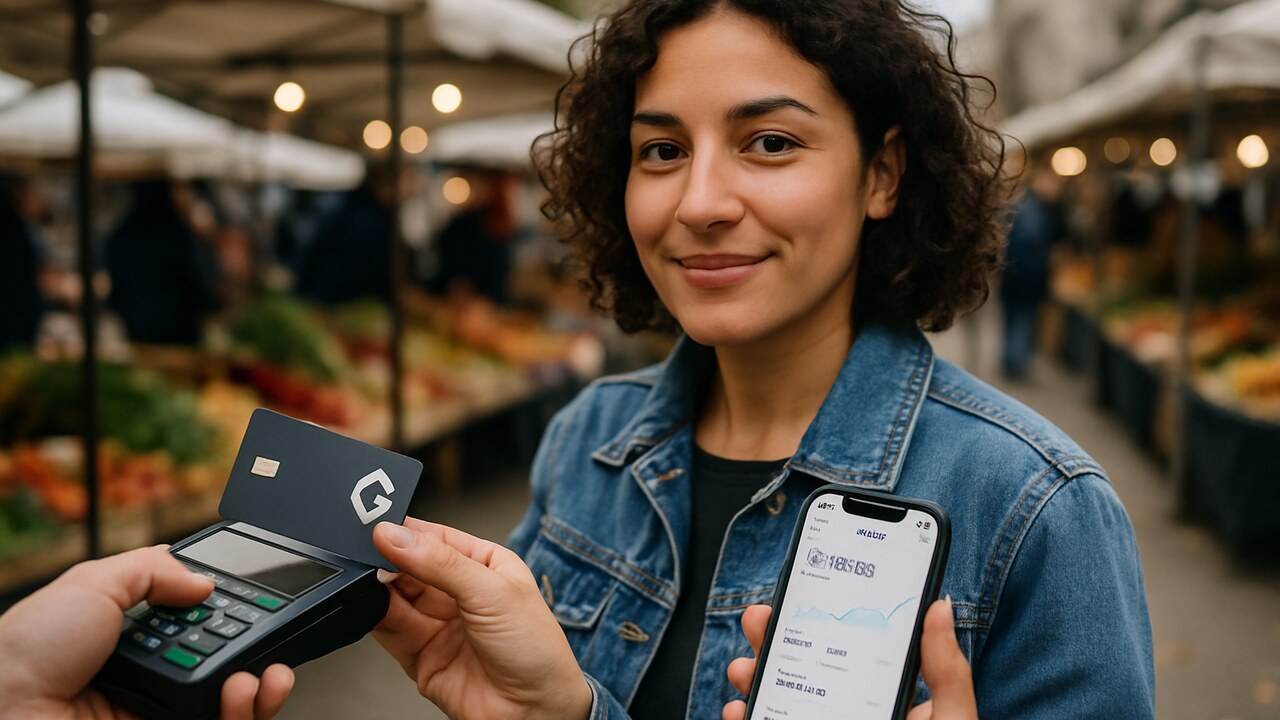 Vrouw betaalt op een markt met een betaalkaart met Gate-logo terwijl ze een geldapp op haar telefoon vasthoudt
