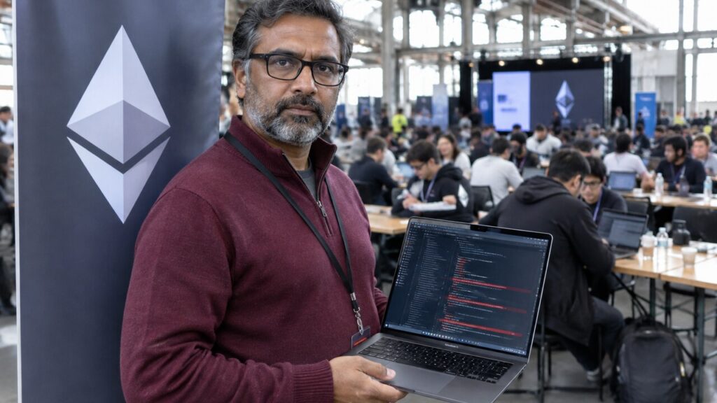 Beveiligingsonderzoeker met een laptop vol rood gemarkeerde code naast een banner met het Ethereum-logo op een ontwikkelaarsevenement