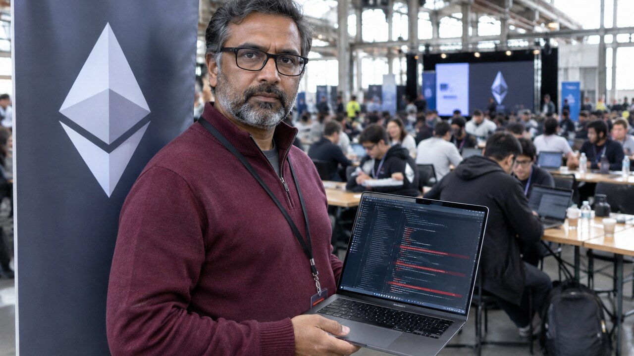 Beveiligingsonderzoeker met een laptop vol rood gemarkeerde code naast een banner met het Ethereum-logo op een ontwikkelaarsevenement