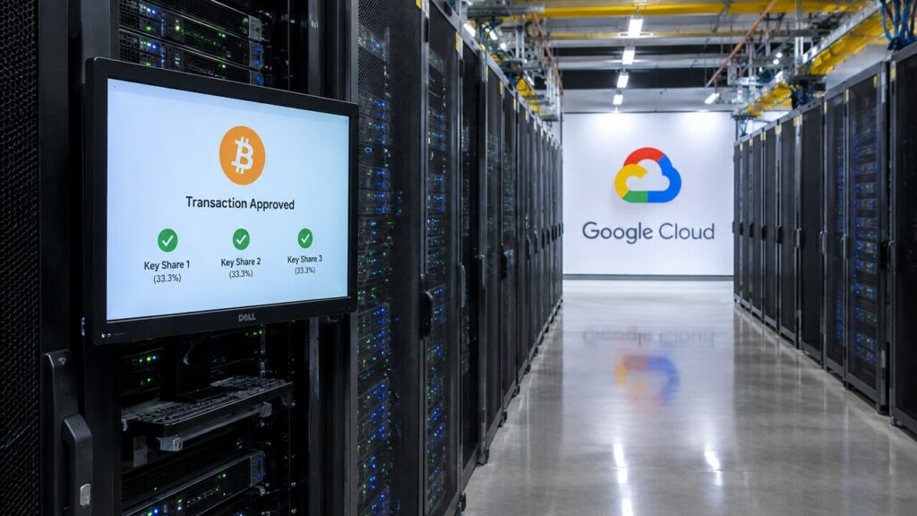 Serverhal van een Google-datacenter met een verlicht Google Cloud-logo en een monitor die een Bitcoin-transactie met verdeelde sleutels toont