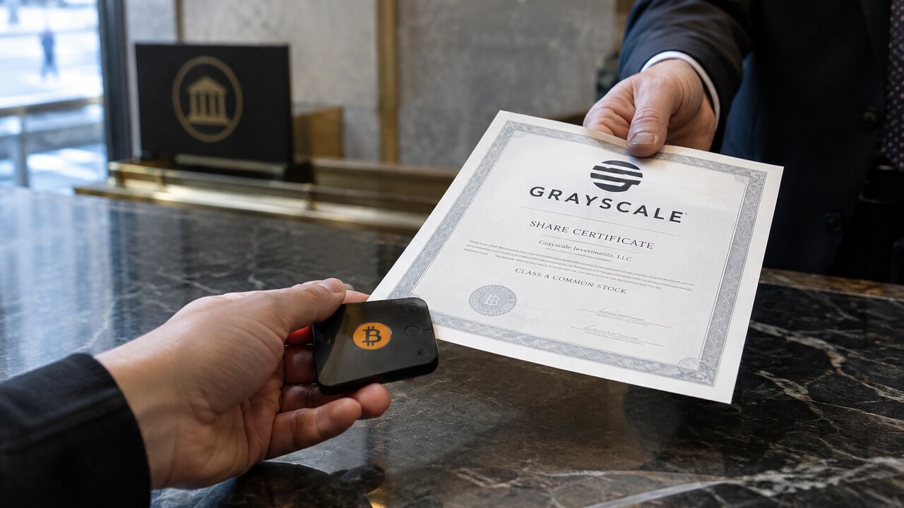 Een hand schuift een Bitcoin hardware wallet over een marmeren balie in ruil voor een aandelenbewijs met het Grayscale-logo
