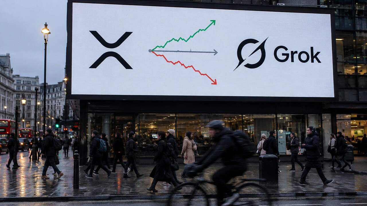 Digitaal reclamebord in een stadsstraat met het XRP-logo en het Grok-logo en een grafiek die zich in drie richtingen splitst