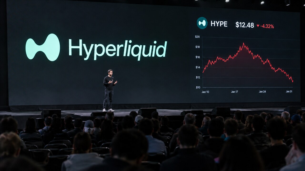 Conferentiepodium met een groot scherm met het Hyperliquid-logo en een dalende rode koersgrafiek van HYPE