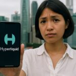 Vrouw in Singapore houdt een smartphone met het Hyperliquid-logo omhoog, met de skyline van Marina Bay op de achtergrond