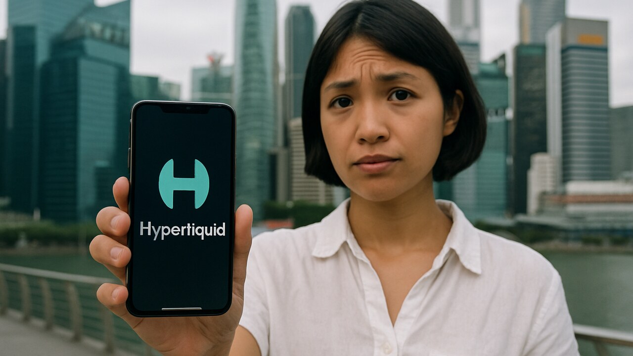 Vrouw in Singapore houdt een smartphone met het Hyperliquid-logo omhoog, met de skyline van Marina Bay op de achtergrond