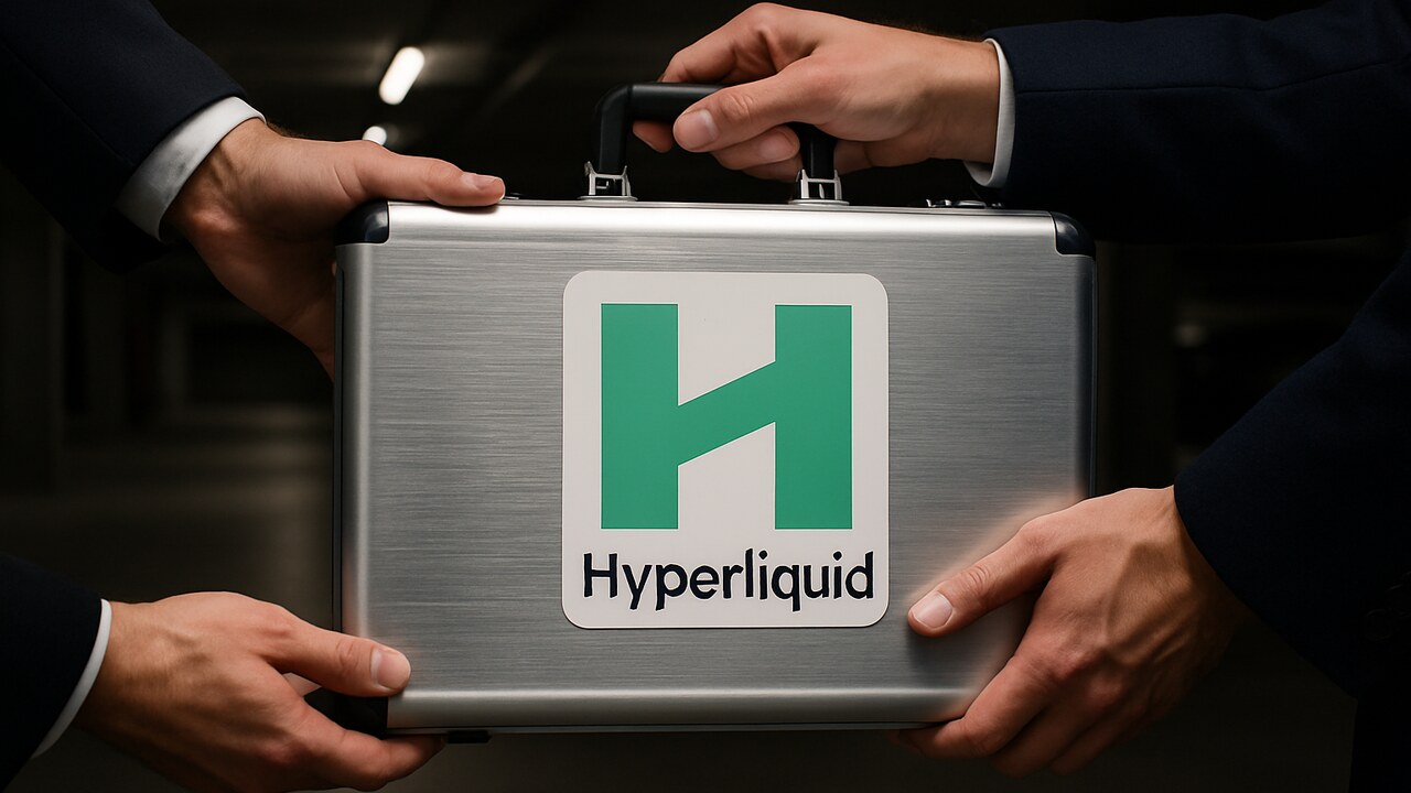 Twee handen wisselen in een parkeergarage een koffer uit met het Hyperliquid-logo erop, als beeld voor een onderhandse OTC-verkoop